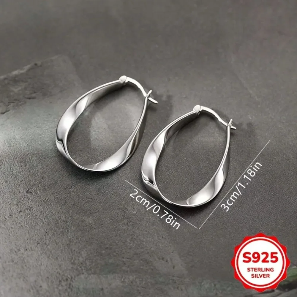 Oval Silver Twist Hoop Earrings Secure Back Lightweight Long Drop Everyday Style